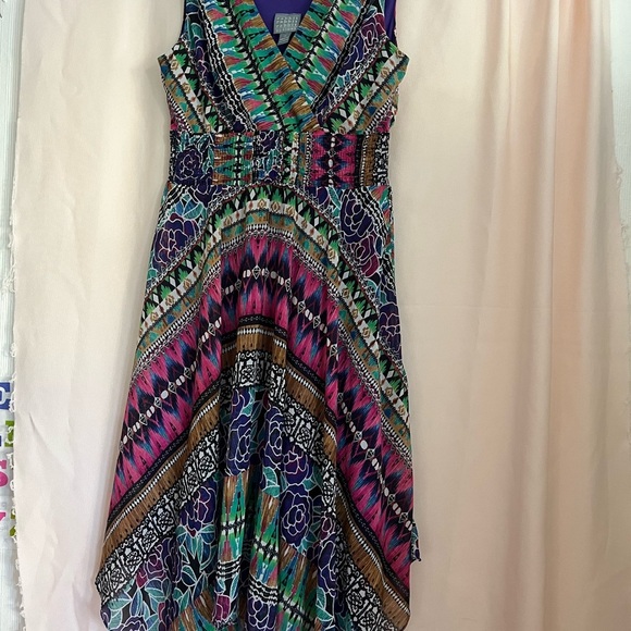 Blue and Pink Asymmetrical Wrap Sundress - Picture 2 of 7